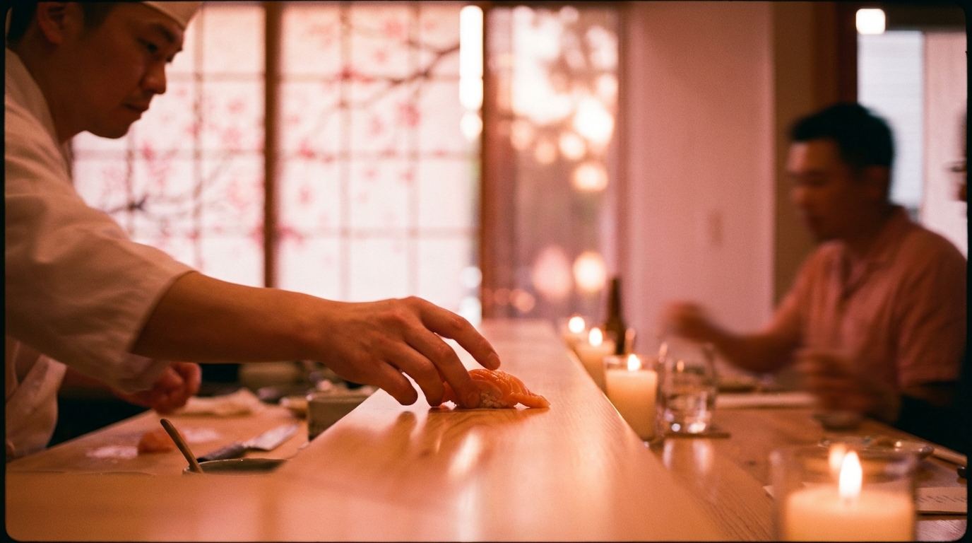 Chef placing nigiri on a cypress wood omakase counter by candlelight