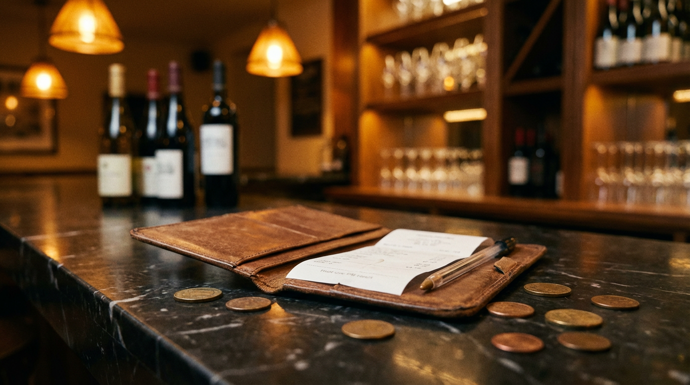 Leather check presenter with receipt and coins on a dark marble counter