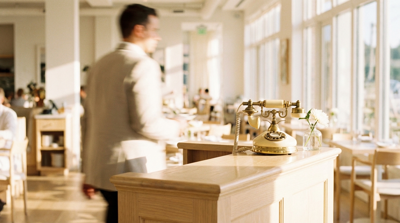 Vintage telephone on a polished host stand in a fine dining restaurant