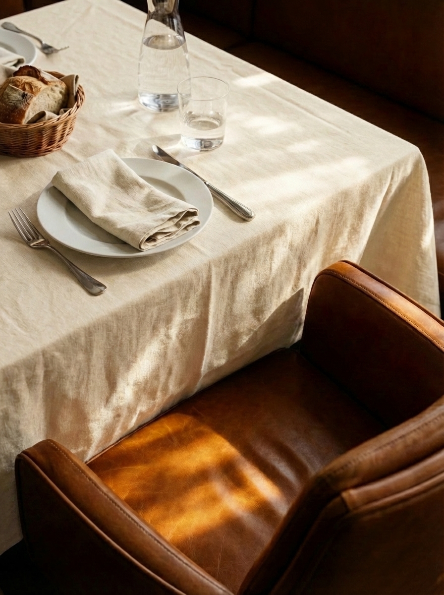 Close-up of a warm restaurant table setting with linen and bread